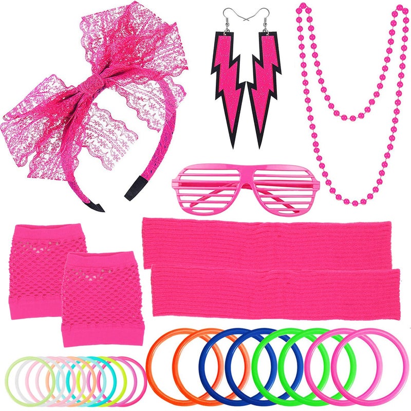 ztweden 80s Women's Costume Outfit Accessories Set Headband Earrings Fishnet Gloves Necklace Bracelet Leg Warmers Pink - Image 1